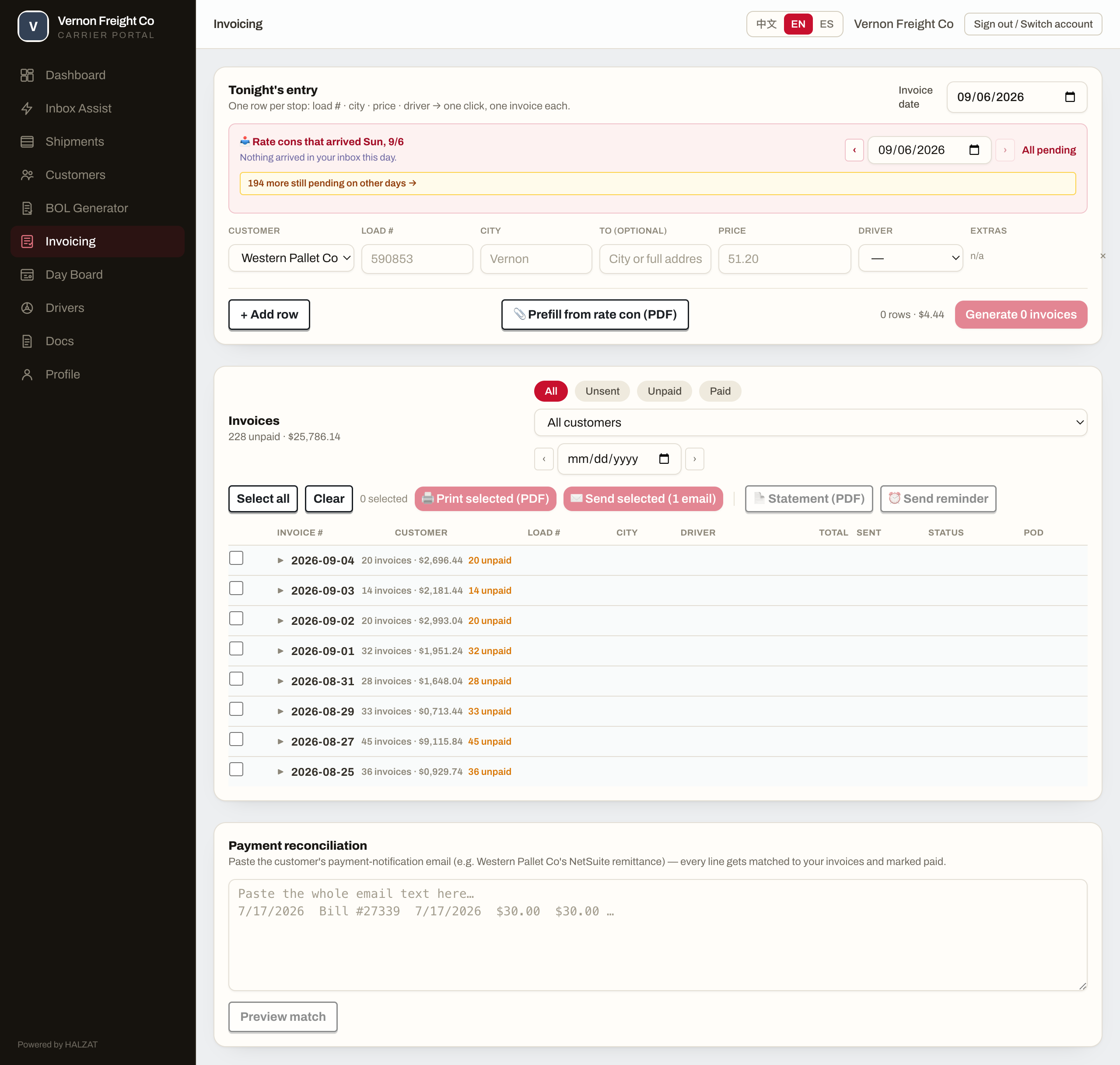 Carrier portal — the invoicing desk, with the day’s rate cons at the top.