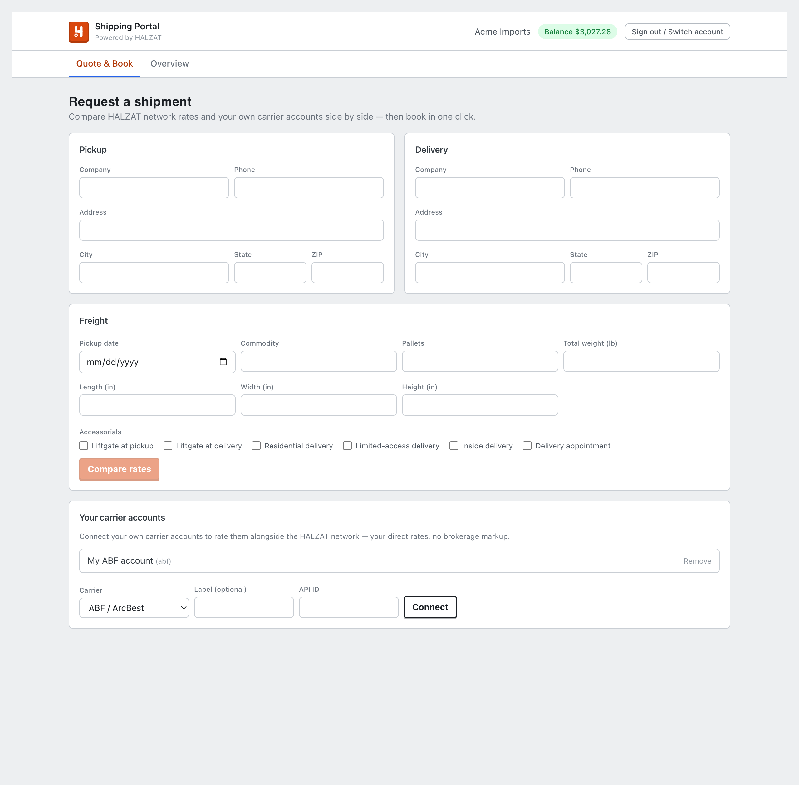 Shipper portal — request a shipment and compare rates.